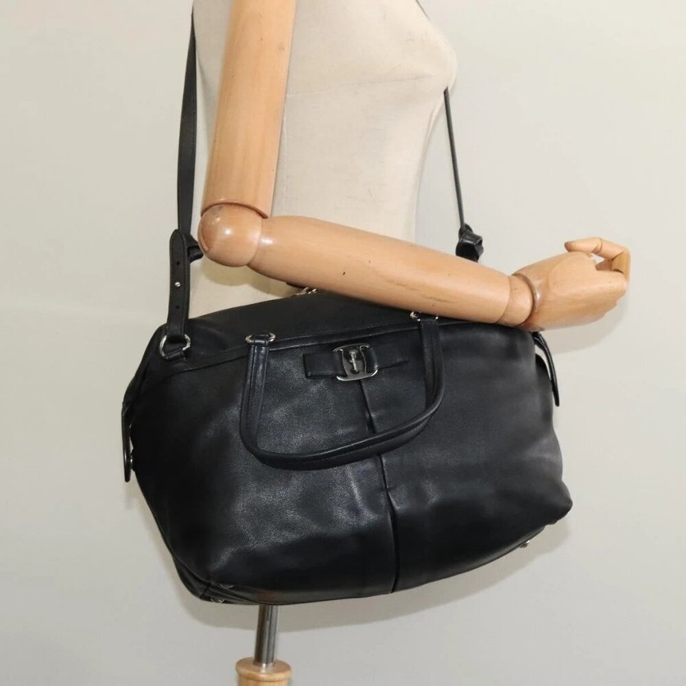 Salvatore Ferragamo Hand Bag Leather Black Silver Auth